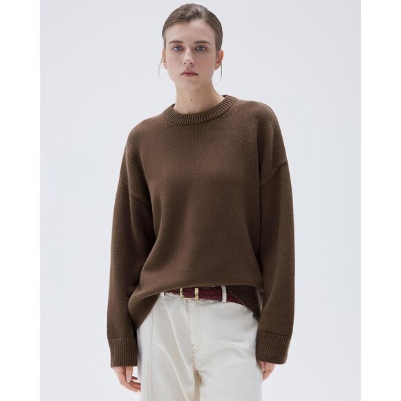 Women Cashmere Blend Oversized Crew Neck Cocoa Brown Soft Warm Pullover Sweater - Picture 4 of 5